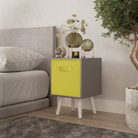URBNLIVING 51cm Height Grey Wooden Cube Storage Bookcase White Legs Bedroom Bedside with Yellow Inserts