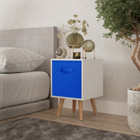 URBNLIVING 51cm Height White Wooden Cube Storage Bookcase Beech Legs Bedroom Bedside with Dark Blue Inserts