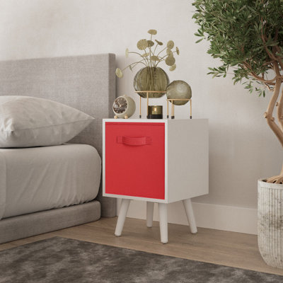 URBNLIVING 51cm Height White Wooden Cube Storage Bookcase White Legs Bedroom Bedside with Red Inserts