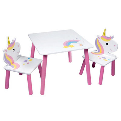 URBNLIVING 53cm Height Kids Wooden Table & 2 Chairs Unicorn Themed Toddlers Junior Play Desk Set