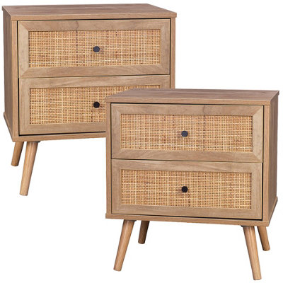 URBNLIVING 54.5cm Height Rattan 2-Drawer Scandi Leg Bedside Nightstand Table Unit Retro Bedroom Furniture, Set of 2