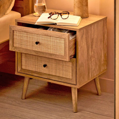 URBNLIVING 54.5cm Height Rattan 2-Drawer Scandi Leg Bedside Nightstand Table Unit Retro Bedroom Furniture, Set of 2