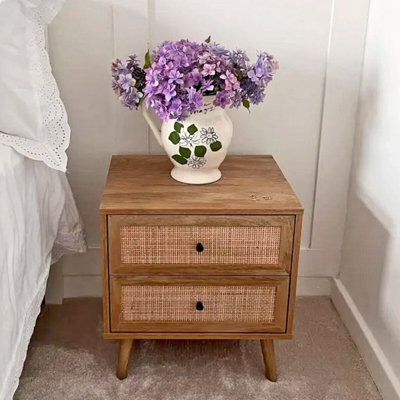 URBNLIVING 54.5cm Height Rattan 2-Drawer Scandi Leg Bedside Nightstand Table Unit Retro Bedroom Furniture, Set of 2