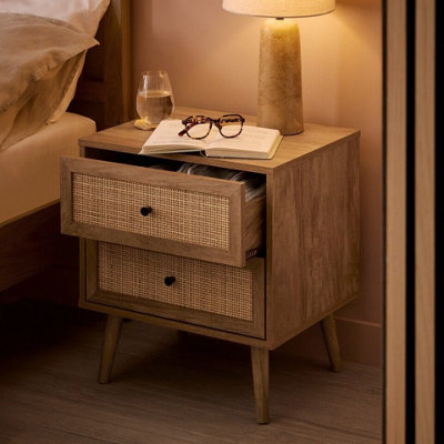 URBNLIVING 54.5cm Height Rattan 2-Drawer Scandi Leg Bedside Nightstand Table Unit Retro Bedroom Furniture, Set of 2