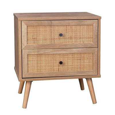 URBNLIVING 54.5cm Height Rattan 2-Drawer Scandi Leg Bedside Nightstand Table Unit Retro Bedroom Furniture