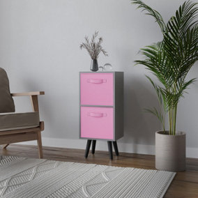 URBNLIVING 54cm Height Grey Wooden 2 Tier Storage Bookcase Black Legs Bedroom Light Pink Inserts