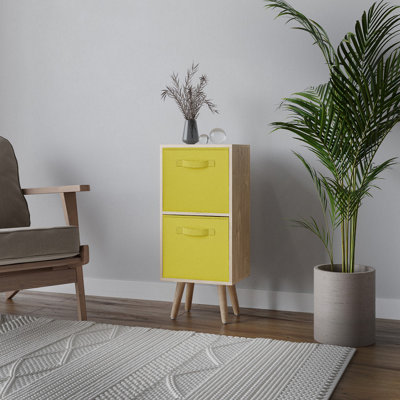 URBNLIVING 54cm Height Oak Wooden 2 Tier Storage Bookcase Beech Legs Bedroom Yellow Inserts