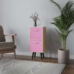 URBNLIVING 54cm Height Oak Wooden 2 Tier Storage Bookcase Black Legs Bedroom Light Pink Inserts