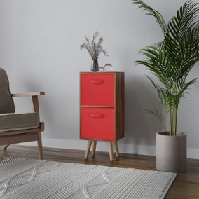 URBNLIVING 54cm Height Teak Wooden 2 Tier Storage Bookcase Beech Legs Bedroom Red Inserts