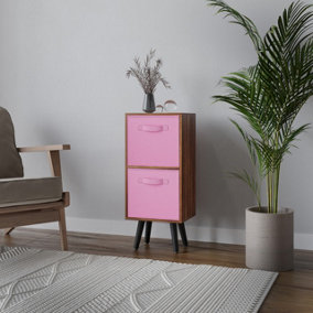 URBNLIVING 54cm Height Teak Wooden 2 Tier Storage Bookcase Black Legs Bedroom Light Pink Inserts