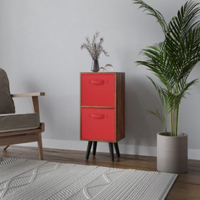URBNLIVING 54cm Height Teak Wooden 2 Tier Storage Bookcase Black Legs Bedroom Red Inserts