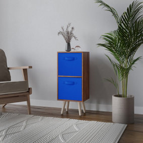 URBNLIVING 54cm Height Teak Wooden 2 Tier Storage Bookcase Pine Legs Bedroom Dark Blue Inserts