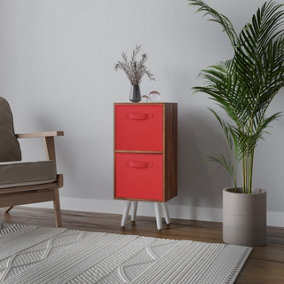 URBNLIVING 54cm Height Teak Wooden 2 Tier Storage Bookcase White Legs Bedroom Red Inserts