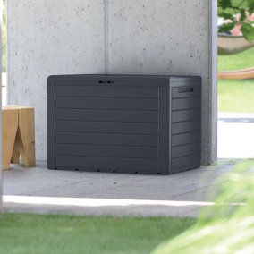 URBNLIVING 55cm Height 190L Anthracite Wood Design Outdoor Storage Box Garden Patio Plastic Chest Lid Container Tool