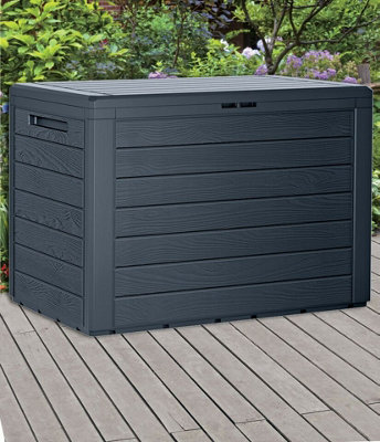 URBNLIVING 55cm Height 190L Anthracite Wood Design Outdoor Storage Box Garden Patio Plastic Chest Lid Container Tool