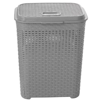 URBNLIVING 55L Grey Plastic Rattan Dirty Laundry Clothes Washing Bin Basket Storage Organiser