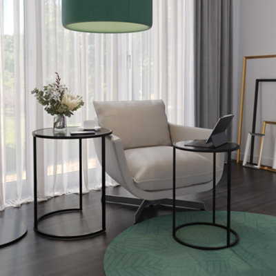 URBNLIVING 59cm Height Round Nesting Side Coffee Tables Black Tempered Glass Top with Black Metal Leg Set of 2
