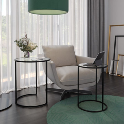 URBNLIVING 59cm Height Round Nesting Side Coffee Tables Transparent Glass Top with Black Metal Leg Set of 2