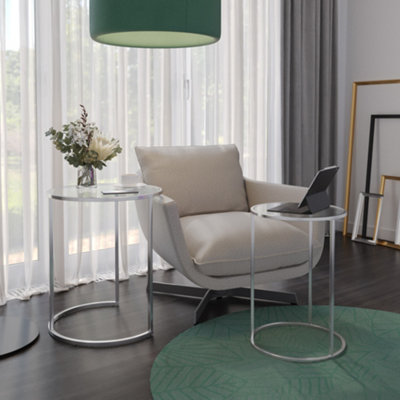 URBNLIVING 59cm Height Round Nesting Side Coffee Tables Transparent Glass Top with Chrome Metal Leg Set of 2