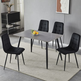 URBNLIVING 5pcs Armani Grey Modern Ceramic Top Dining Table & Black Plush Velvet Chairs With Metal Legs