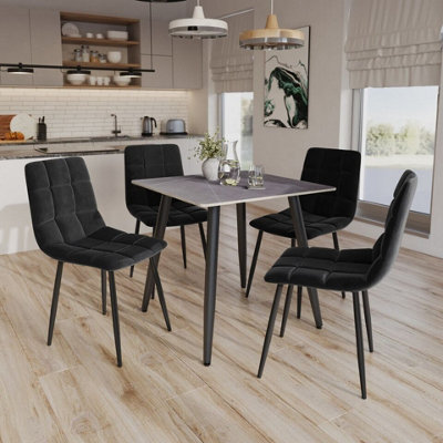 URBNLIVING 5pcs Armani Grey Modern Ceramic Top Dining Table & Black Velvet Chairs with Metal Legs