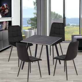 URBNLIVING 5pcs Armani Grey Modern Ceramic Top Dining Table & Black Velvet Chairs with Metal Legs