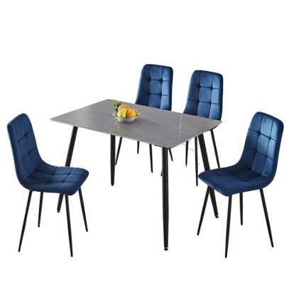 URBNLIVING 5pcs Armani Grey Modern Ceramic Top Dining Table & Blue Plush Velvet Chairs With Metal Legs