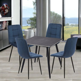 URBNLIVING 5pcs Armani Grey Modern Ceramic Top Dining Table & Blue Velvet Chairs with Metal Legs