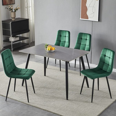 URBNLIVING 5pcs Armani Grey Modern Ceramic Top Dining Table & Green Plush Velvet Chairs With Metal Legs