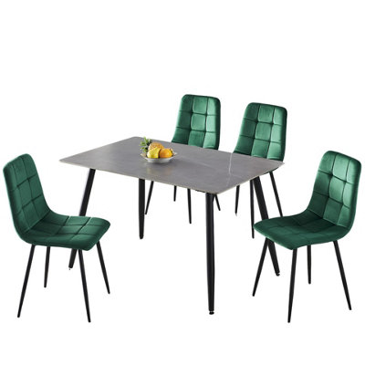 URBNLIVING 5pcs Armani Grey Modern Ceramic Top Dining Table & Green Plush Velvet Chairs With Metal Legs