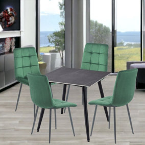 URBNLIVING 5pcs Armani Grey Modern Ceramic Top Dining Table & Green Velvet Chairs with Metal Legs