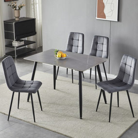 URBNLIVING 5pcs Armani Grey Modern Ceramic Top Dining Table & Grey Plush Velvet Chairs With Metal Legs