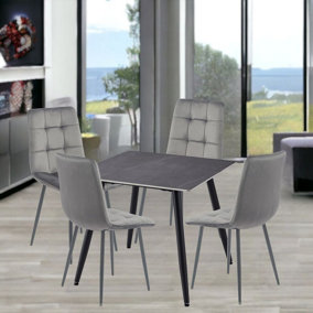 URBNLIVING 5pcs Armani Grey Modern Ceramic Top Dining Table & Grey Velvet Chairs with Metal Legs