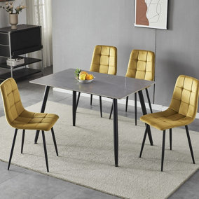 URBNLIVING 5pcs Armani Grey Modern Ceramic Top Dining Table & Yellow Plush Velvet Chairs With Metal Legs