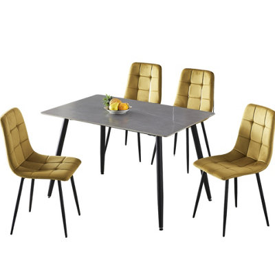 URBNLIVING 5pcs Armani Grey Modern Ceramic Top Dining Table & Yellow Plush Velvet Chairs With Metal Legs