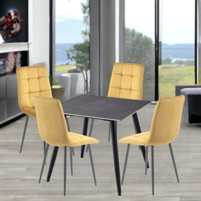 URBNLIVING 5pcs Armani Grey Modern Ceramic Top Dining Table & Yellow Velvet Chairs with Metal Legs