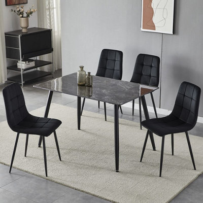 URBNLIVING 5pcs Crimea Shinny Modern Ceramic Top Dining Table & Black Plush Velvet Chairs With Metal Legs