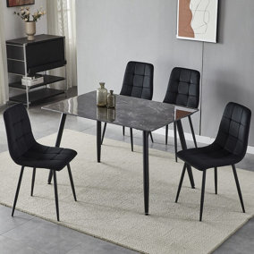 URBNLIVING 5pcs Crimea Shinny Modern Ceramic Top Dining Table & Black Plush Velvet Chairs With Metal Legs