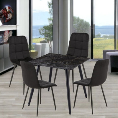 URBNLIVING 5pcs Crimea Shinny Modern Ceramic Top Dining Table & Black Velvet Chairs with Metal Legs