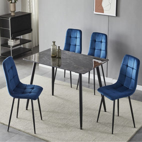 URBNLIVING 5pcs Crimea Shinny Modern Ceramic Top Dining Table & Blue Plush Velvet Chairs With Metal Legs