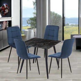 URBNLIVING 5pcs Crimea Shinny Modern Ceramic Top Dining Table & Blue Velvet Chairs with Metal Legs