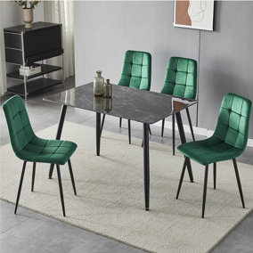 URBNLIVING 5pcs Crimea Shinny Modern Ceramic Top Dining Table & Green Plush Velvet Chairs With Metal Legs