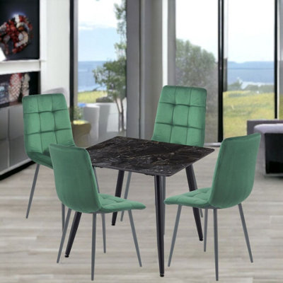 URBNLIVING 5pcs Crimea Shinny Modern Ceramic Top Dining Table & Green Velvet Chairs with Metal Legs