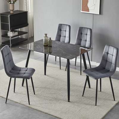 URBNLIVING 5pcs Crimea Shinny Modern Ceramic Top Dining Table & Grey Plush Velvet Chairs With Metal Legs