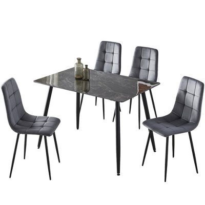 URBNLIVING 5pcs Crimea Shinny Modern Ceramic Top Dining Table & Grey Plush Velvet Chairs With Metal Legs