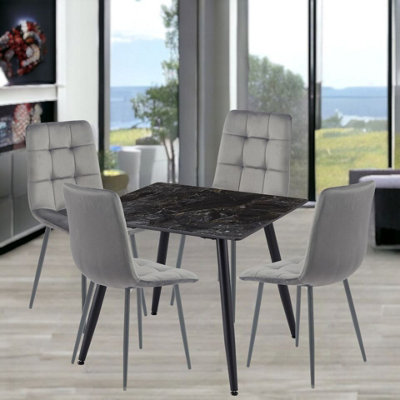 URBNLIVING 5pcs Crimea Shinny Modern Ceramic Top Dining Table & Grey Velvet Chairs with Metal Legs