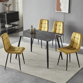 URBNLIVING 5pcs Crimea Shinny Modern Ceramic Top Dining Table & Yellow Plush Velvet Chairs With Metal Legs
