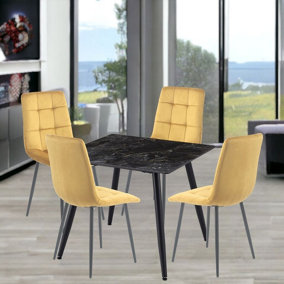URBNLIVING 5pcs Crimea Shinny Modern Ceramic Top Dining Table & Yellow Velvet Chairs with Metal Legs