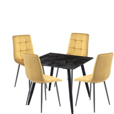 URBNLIVING 5pcs Crimea Shinny Modern Ceramic Top Dining Table & Yellow Velvet Chairs with Metal Legs