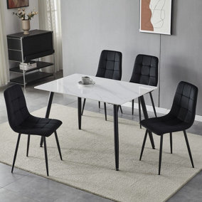 URBNLIVING 5pcs Gloss White Modern Ceramic Top Dining Table & Black Plush Velvet Chairs With Metal Legs